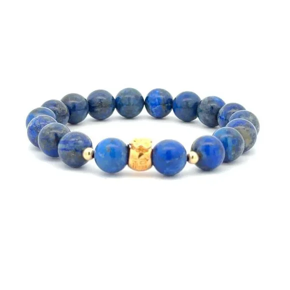 18K Gold Money Bag Lucky Charm Beads Bracelet Gemstones Lapis Lazuli 8mm - Picture 9 of 9